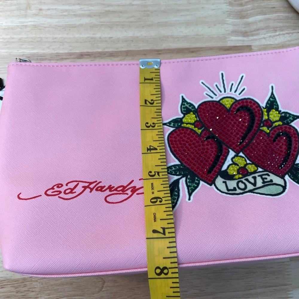 Ed Hardy Pink Rhinestone Heart‎ Love Cosmetic Makeup Bag Travel Pouch New
